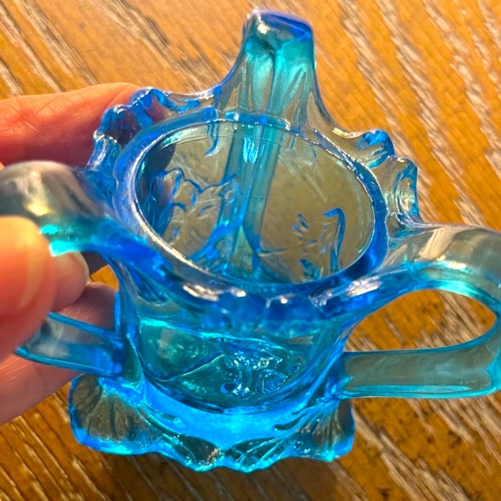 Vintage 1950s Kemple Glass Blue 3 Handled & Footed Glass Toothpick Holder ID-11